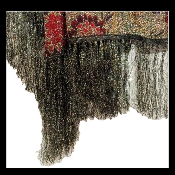 Vintage Gold Shimmery Scarf Red & Brown Floral Print Shimmery Gold Black Fringe - Picture 8 of 11
